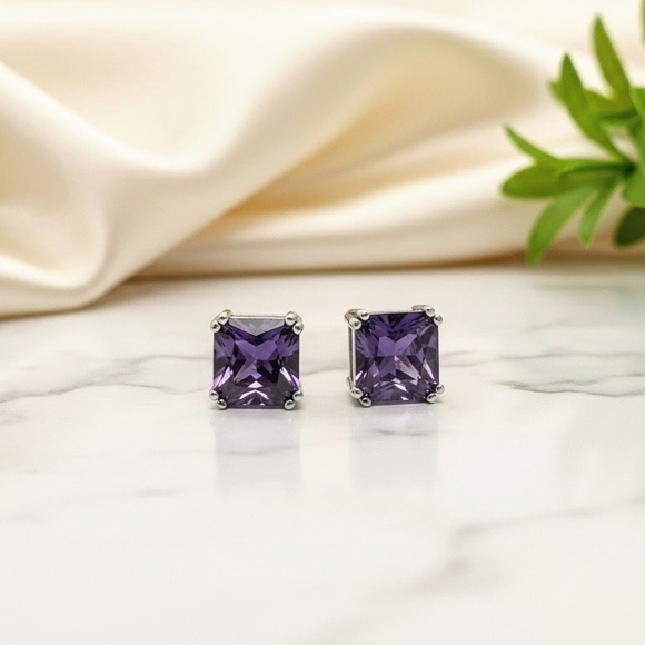 AAQUATIF Jewelry - AAQUATIF 6mm Cushion Amethyst Studs • 18K White Gold & Rhodium over .925 Silver
